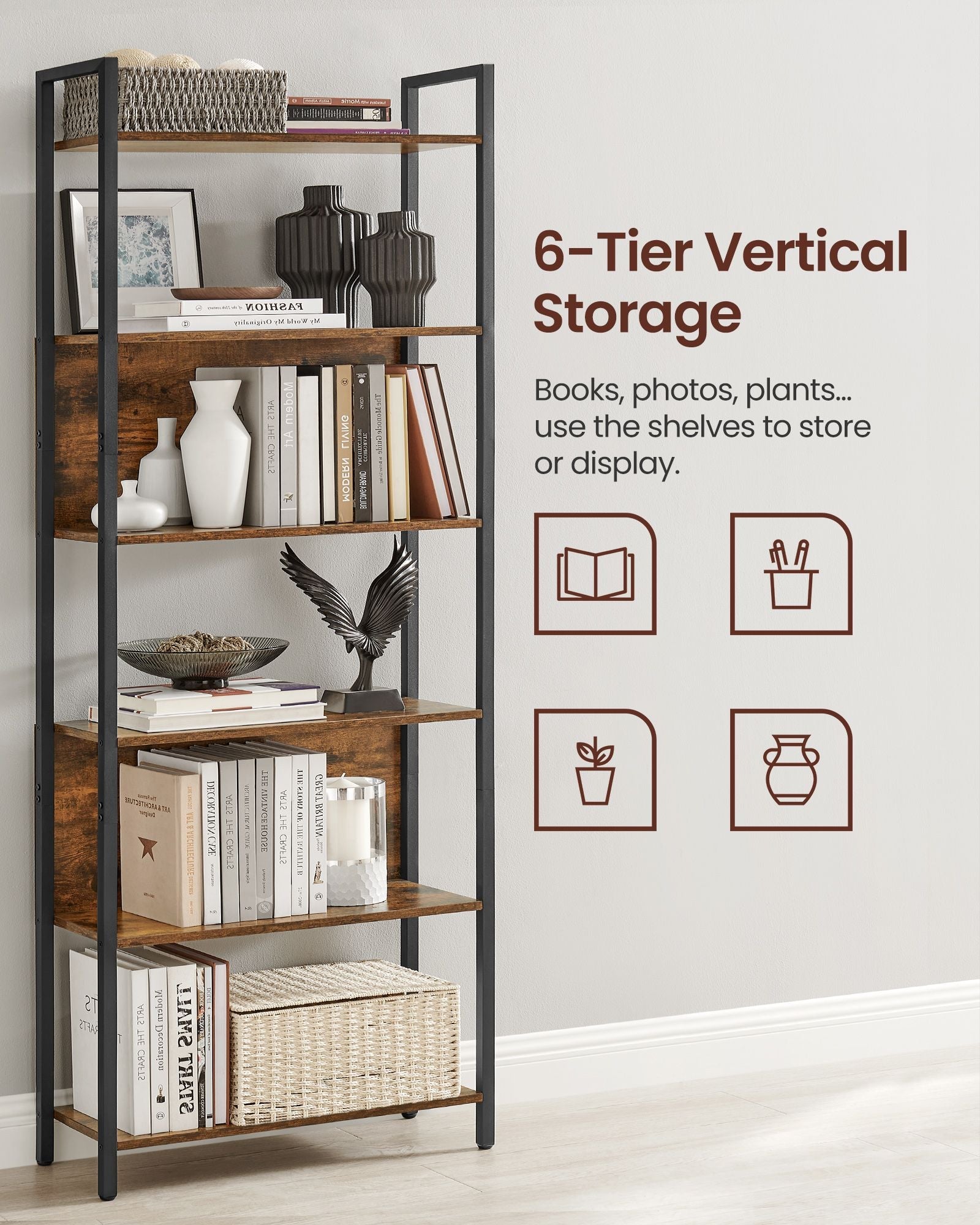 6 Shelf Bookcase – Steel – Rustic Brown and Black – Industrial Style