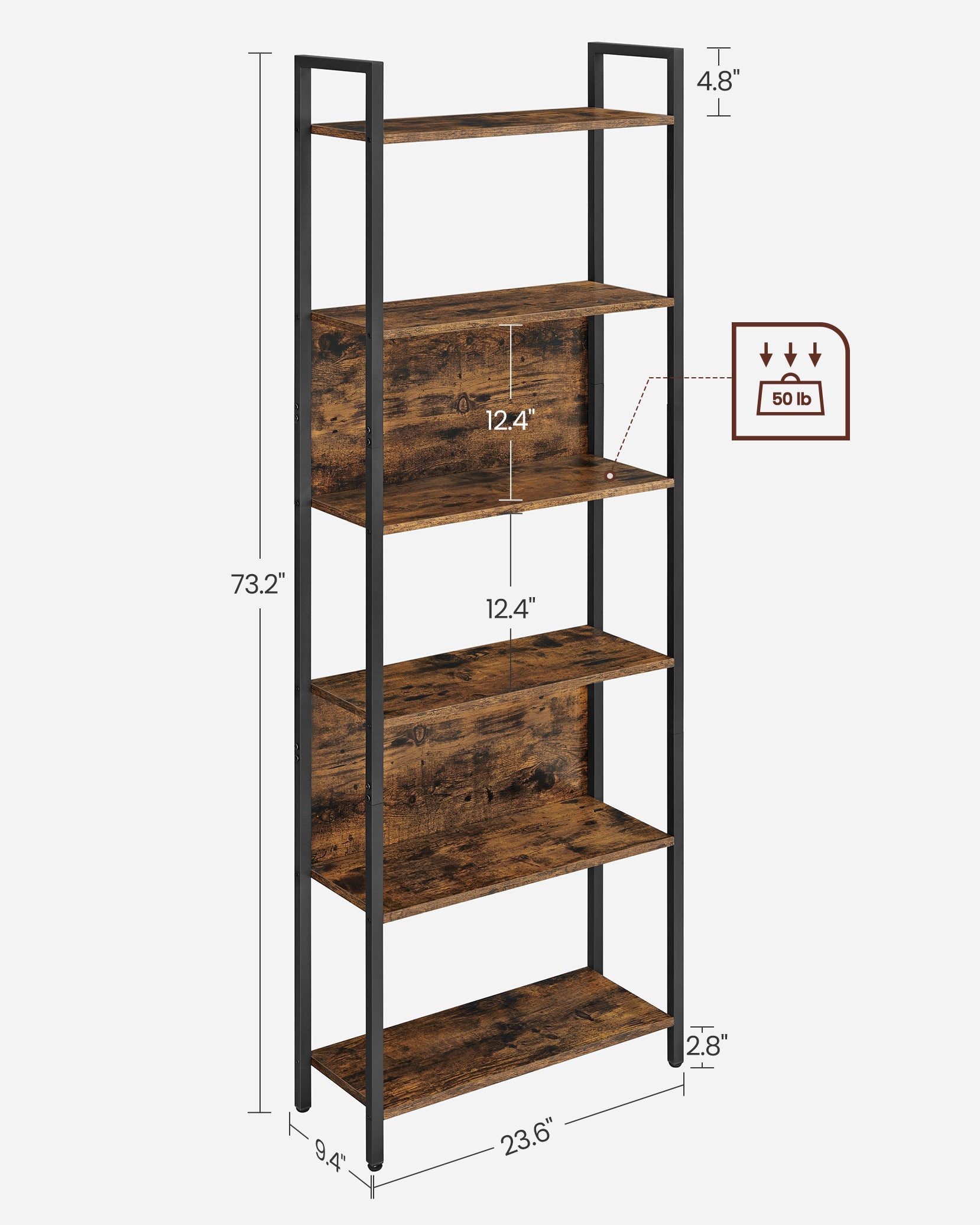 6 Shelf Bookcase – Steel – Rustic Brown and Black – Industrial Style
