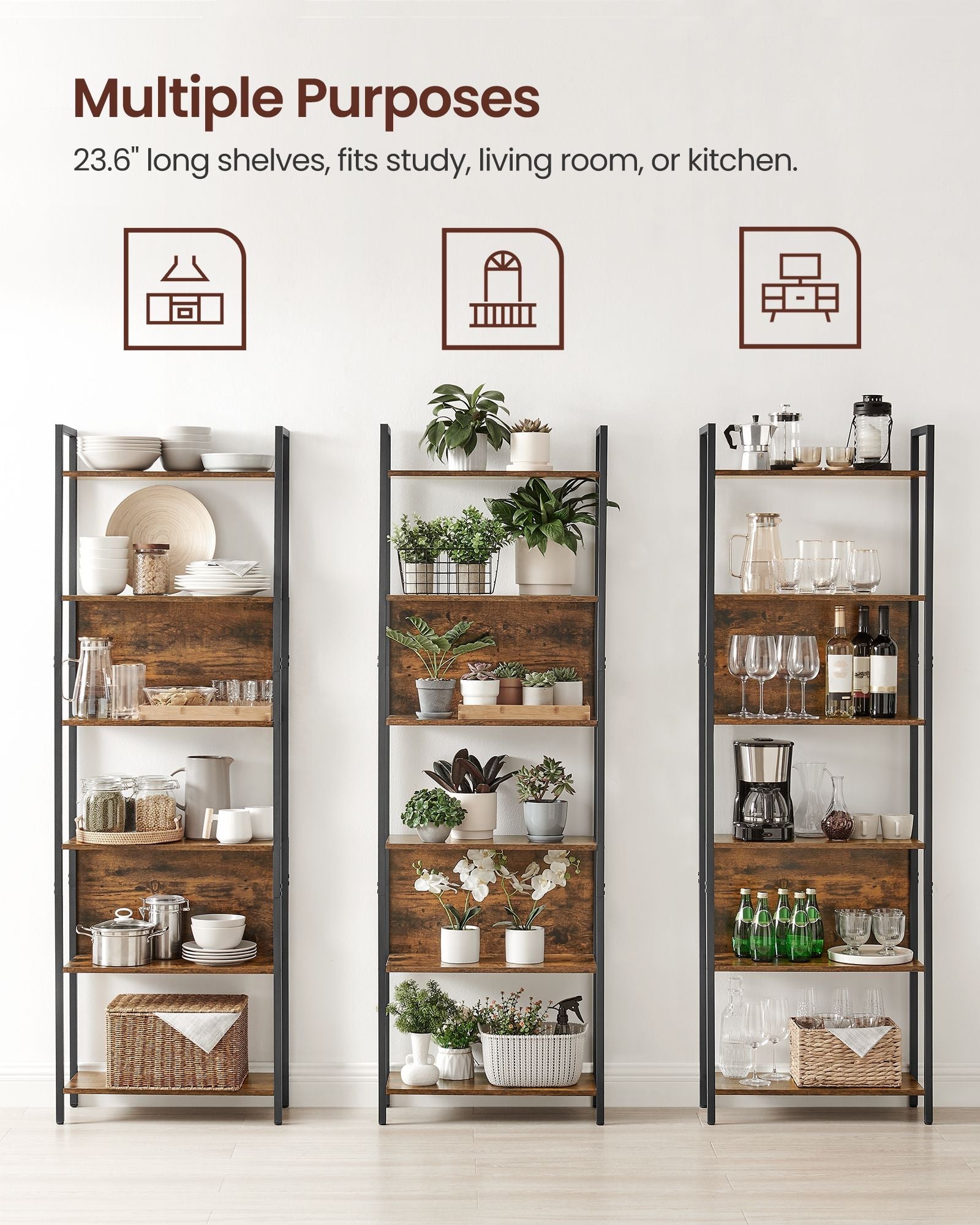 6 Shelf Bookcase – Steel – Rustic Brown and Black – Industrial Style