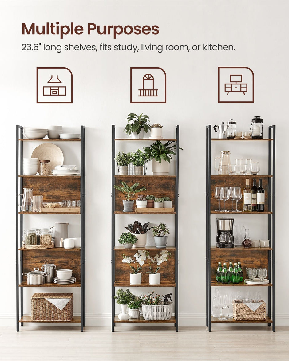 6 Shelf Bookcase – Steel – Rustic Brown and Black – Industrial Style