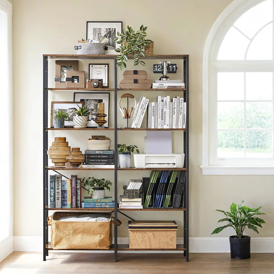 6-Tier Storage Shelf – Wood and Metal – Rustic Brown and Black – Industrial Style Room Divider