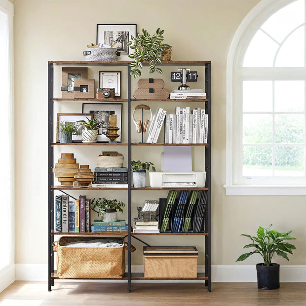 6-Tier Storage Shelf – Wood and Metal – Rustic Brown and Black – Industrial Style Room Divider
