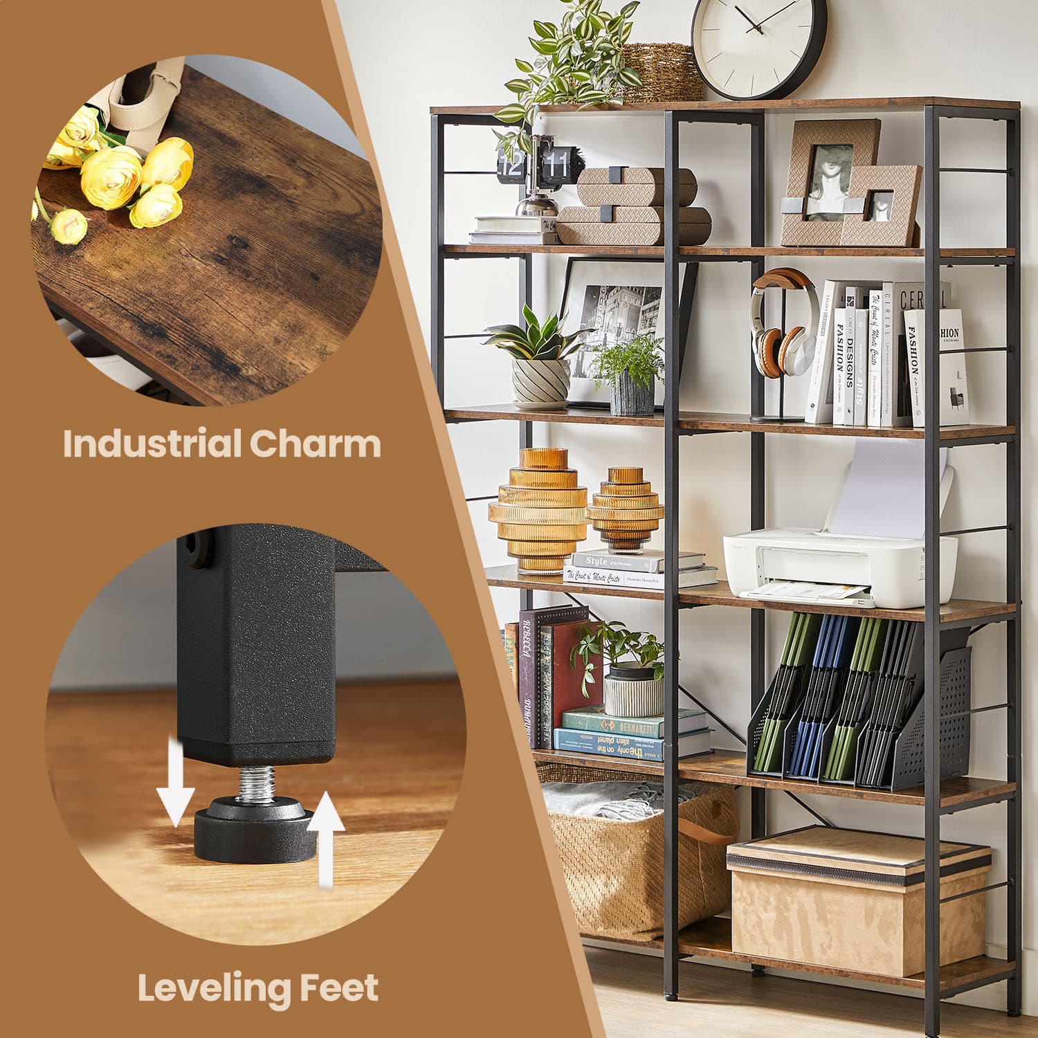 6-Tier Storage Shelf – Wood and Metal – Rustic Brown and Black – Industrial Style Room Divider