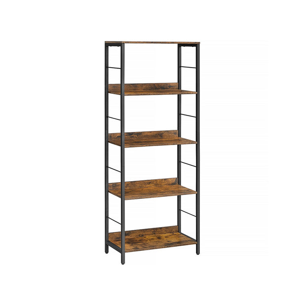 5-Tier Bookshelf – Wood and Metal – Rustic Brown and Ink Black – Industrial Design with Back Panels