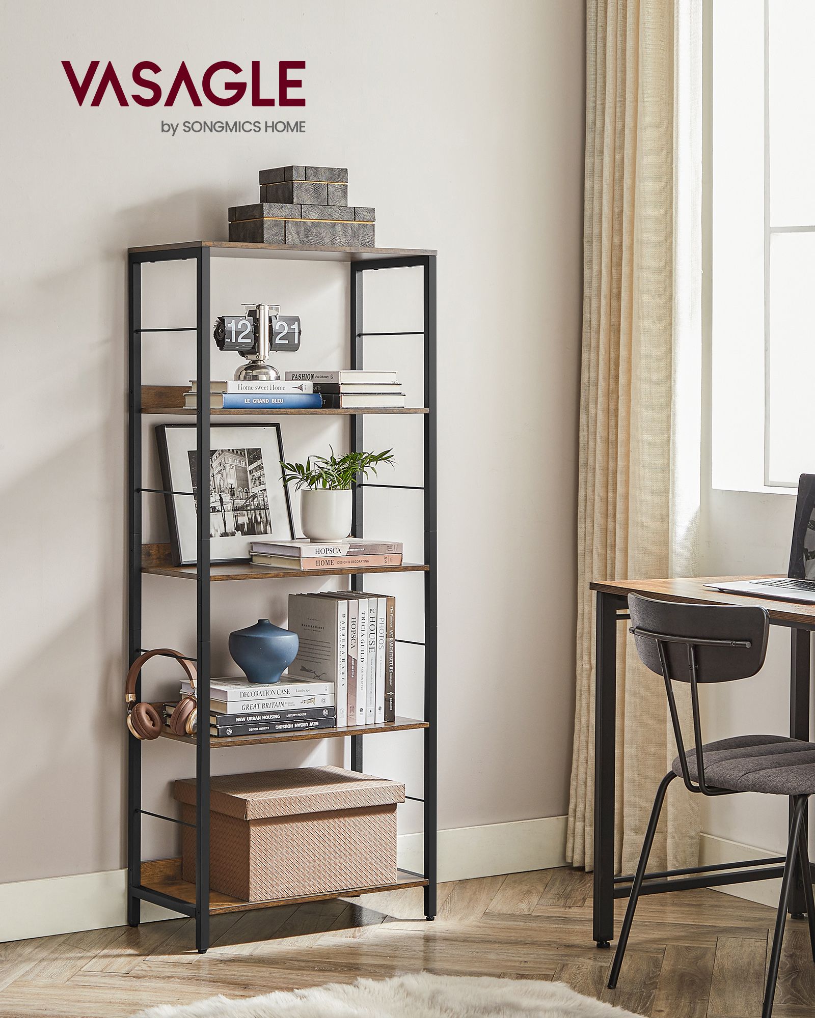 5-Tier Bookshelf – Wood and Metal – Rustic Brown and Ink Black – Industrial Design with Back Panels