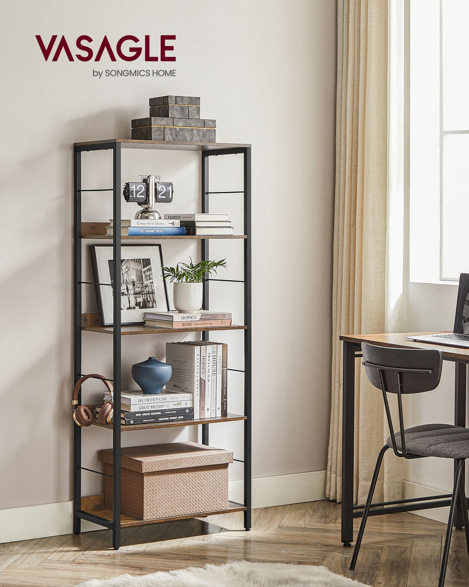 5-Tier Bookshelf – Wood and Metal – Rustic Brown and Ink Black – Industrial Design with Back Panels