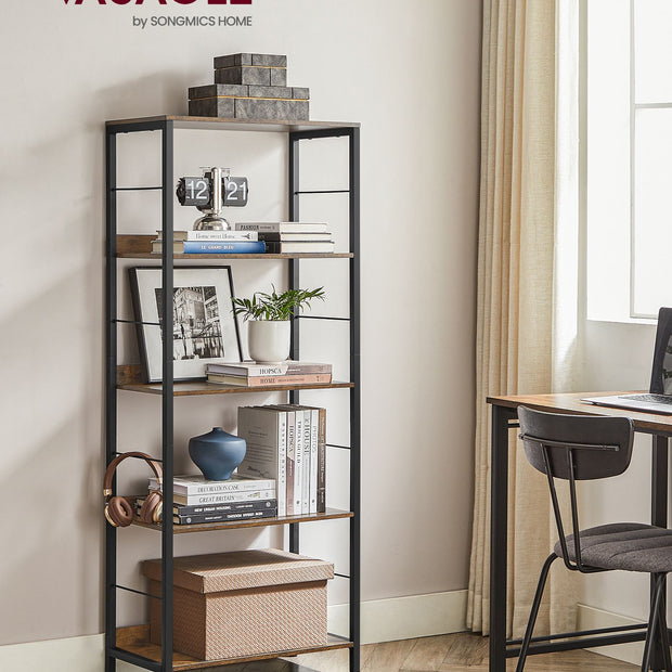 5-Tier Bookshelf – Wood and Metal – Rustic Brown and Ink Black – Industrial Design with Back Panels