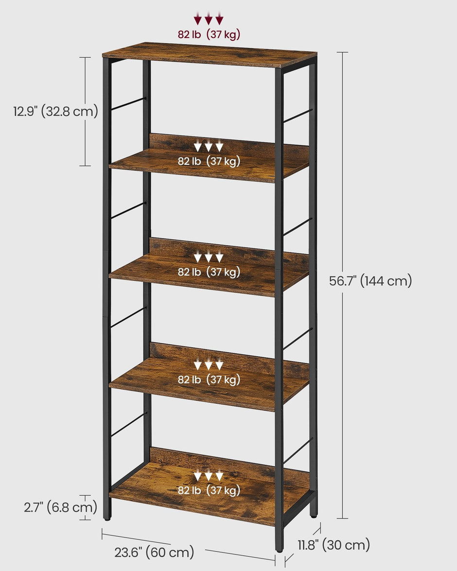5-Tier Bookshelf – Wood and Metal – Rustic Brown and Ink Black – Industrial Design with Back Panels