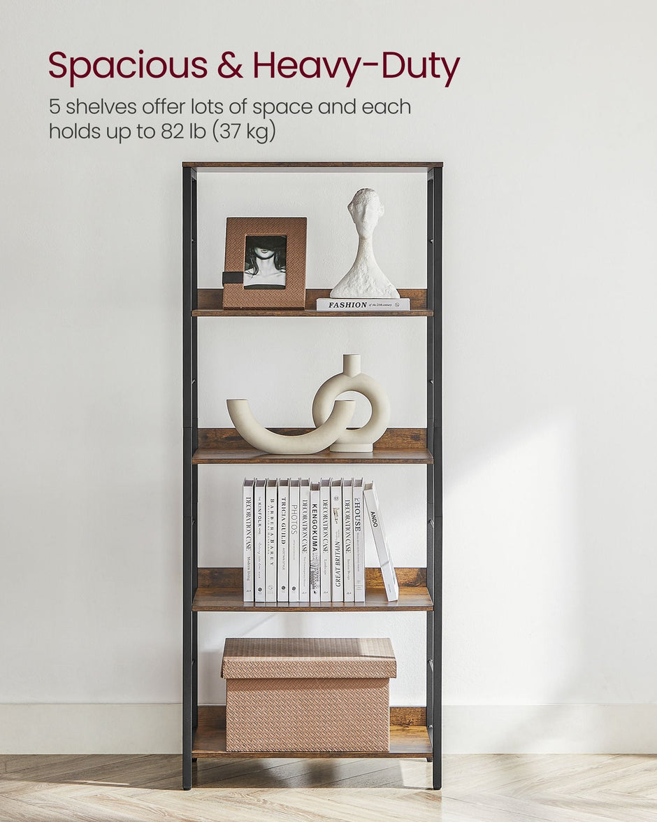 5-Tier Bookshelf – Wood and Metal – Rustic Brown and Ink Black – Industrial Design with Back Panels