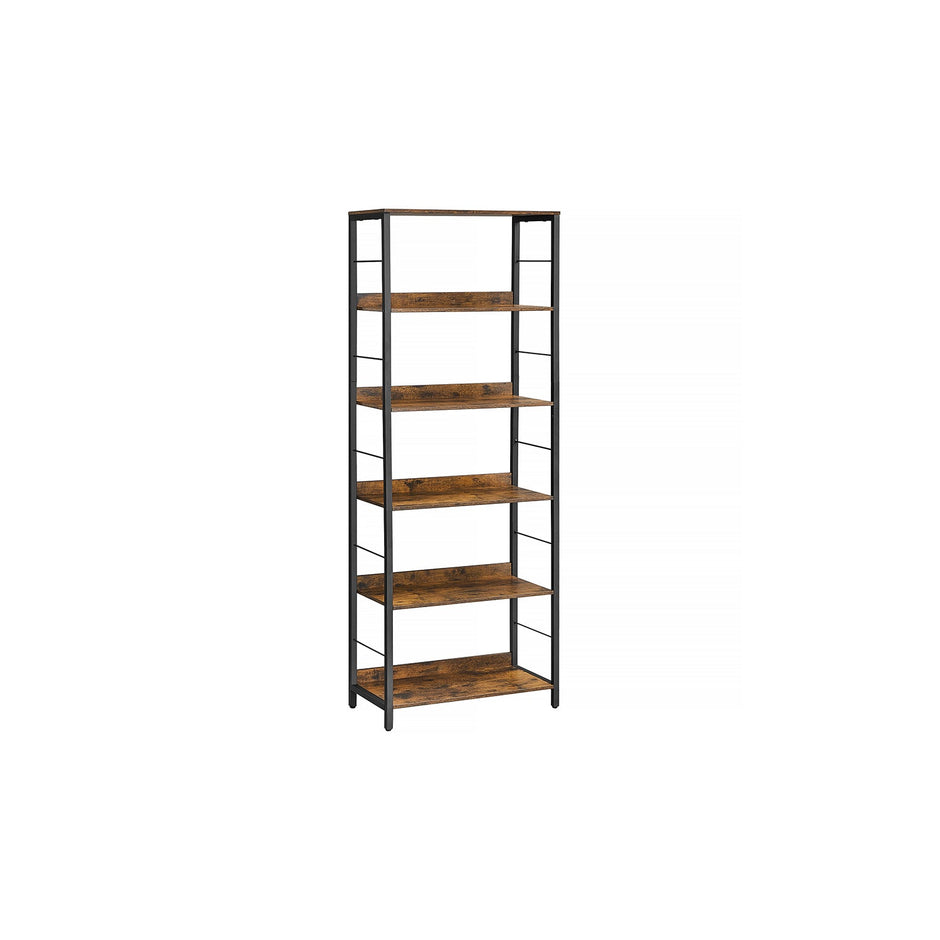 5-Tier Bookshelf – Particle Board and Metal – Rustic Brown and Ink Black – Industrial Design with Back Panels