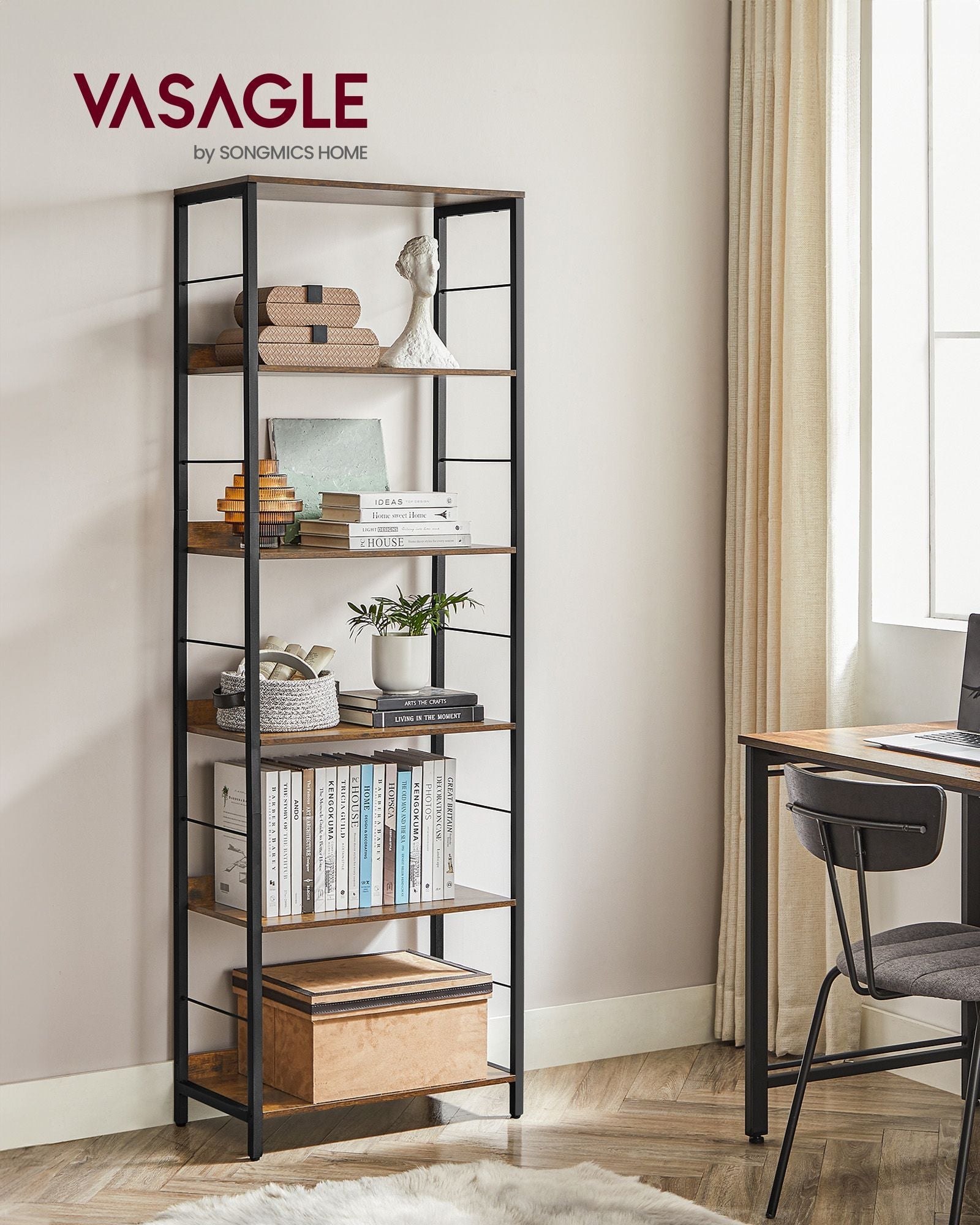 5-Tier Bookshelf – Particle Board and Metal – Rustic Brown and Ink Black – Industrial Design with Back Panels
