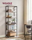 5-Tier Bookshelf – Particle Board and Metal – Rustic Brown and Ink Black – Industrial Design with Back Panels