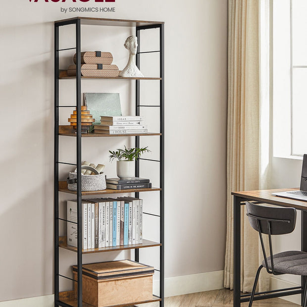 5-Tier Bookshelf – Particle Board and Metal – Rustic Brown and Ink Black – Industrial Design with Back Panels