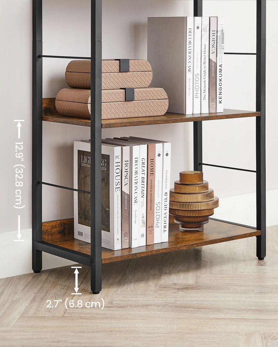 5-Tier Bookshelf – Particle Board and Metal – Rustic Brown and Ink Black – Industrial Design with Back Panels