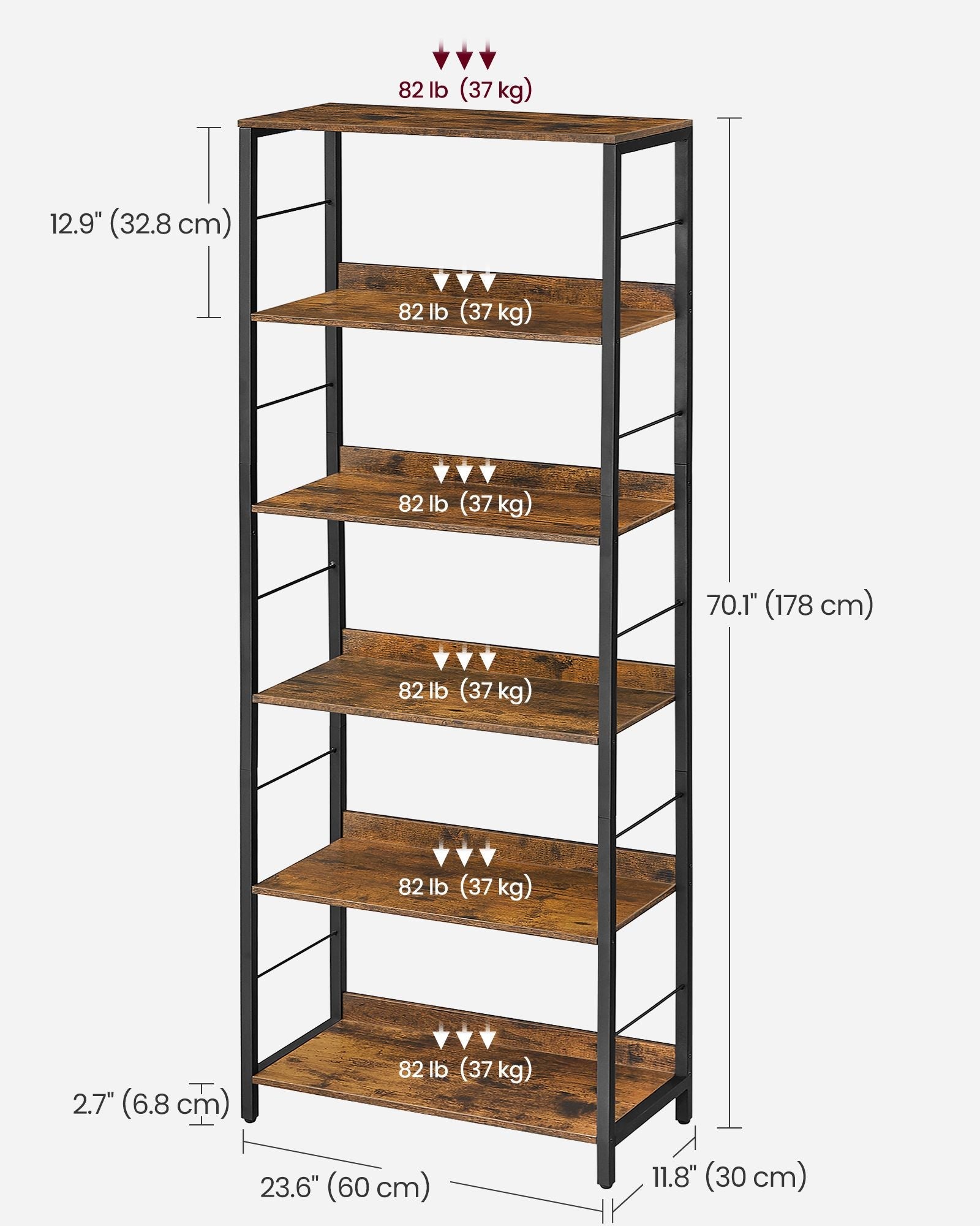 5-Tier Bookshelf – Particle Board and Metal – Rustic Brown and Ink Black – Industrial Design with Back Panels