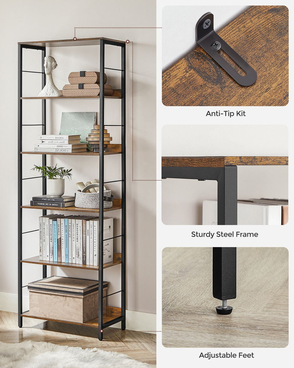 5-Tier Bookshelf – Particle Board and Metal – Rustic Brown and Ink Black – Industrial Design with Back Panels