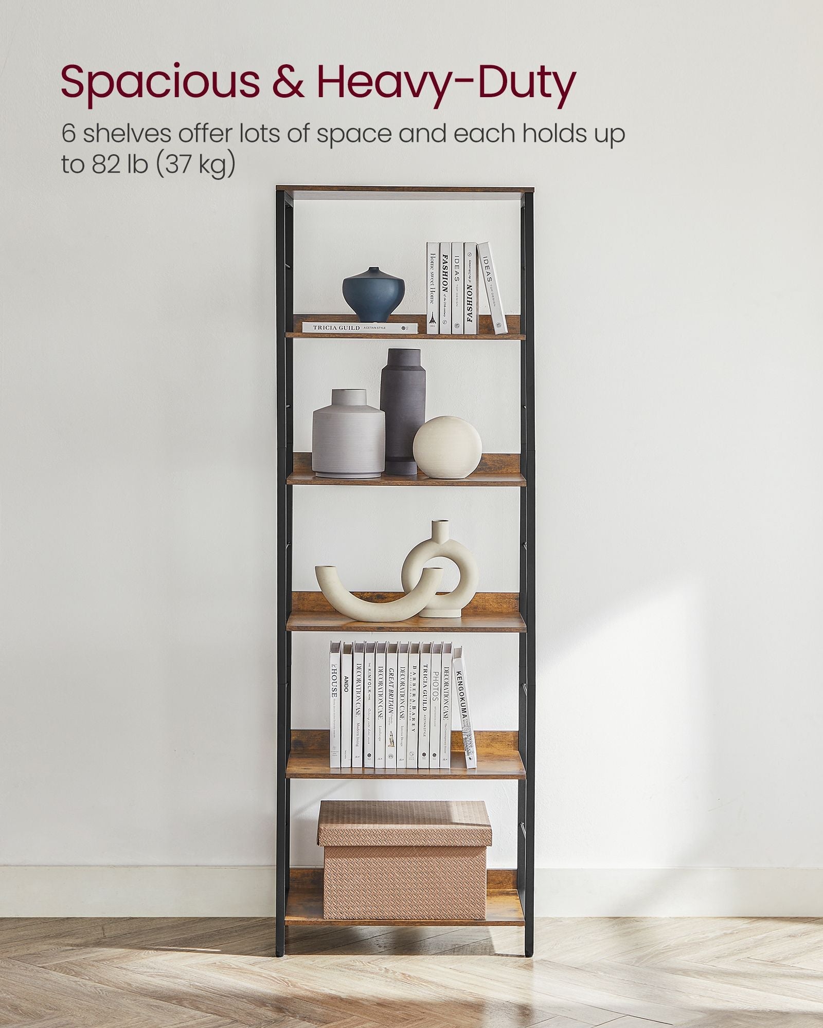 5-Tier Bookshelf – Particle Board and Metal – Rustic Brown and Ink Black – Industrial Design with Back Panels