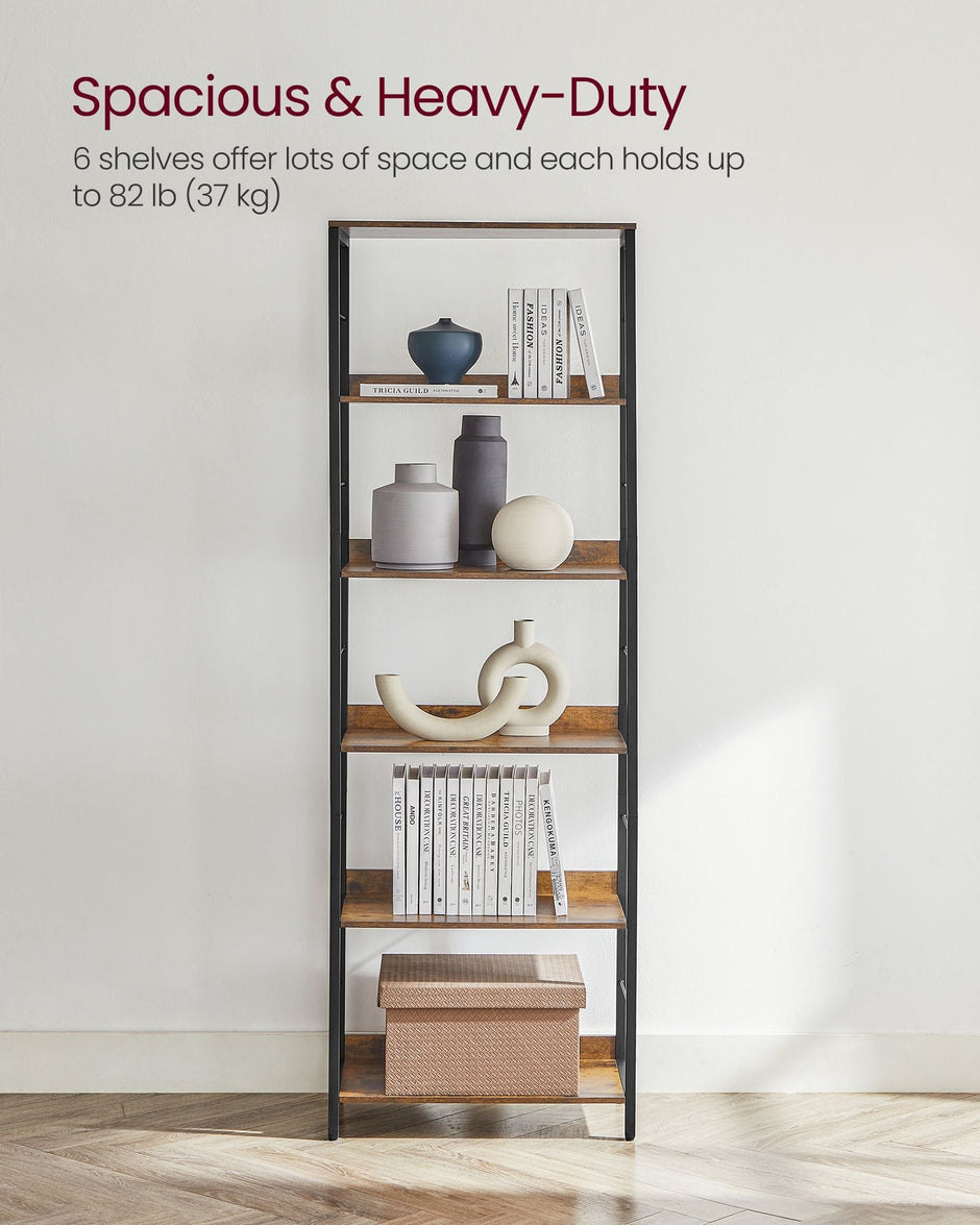 5-Tier Bookshelf – Particle Board and Metal – Rustic Brown and Ink Black – Industrial Design with Back Panels