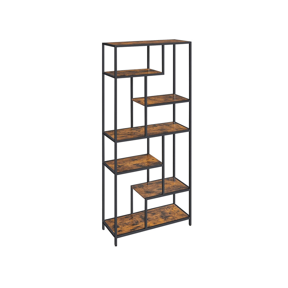 6-Tier Bookcase – Engineered Wood – Rustic Brown and Black – Geometric Design and Versatile Storage
