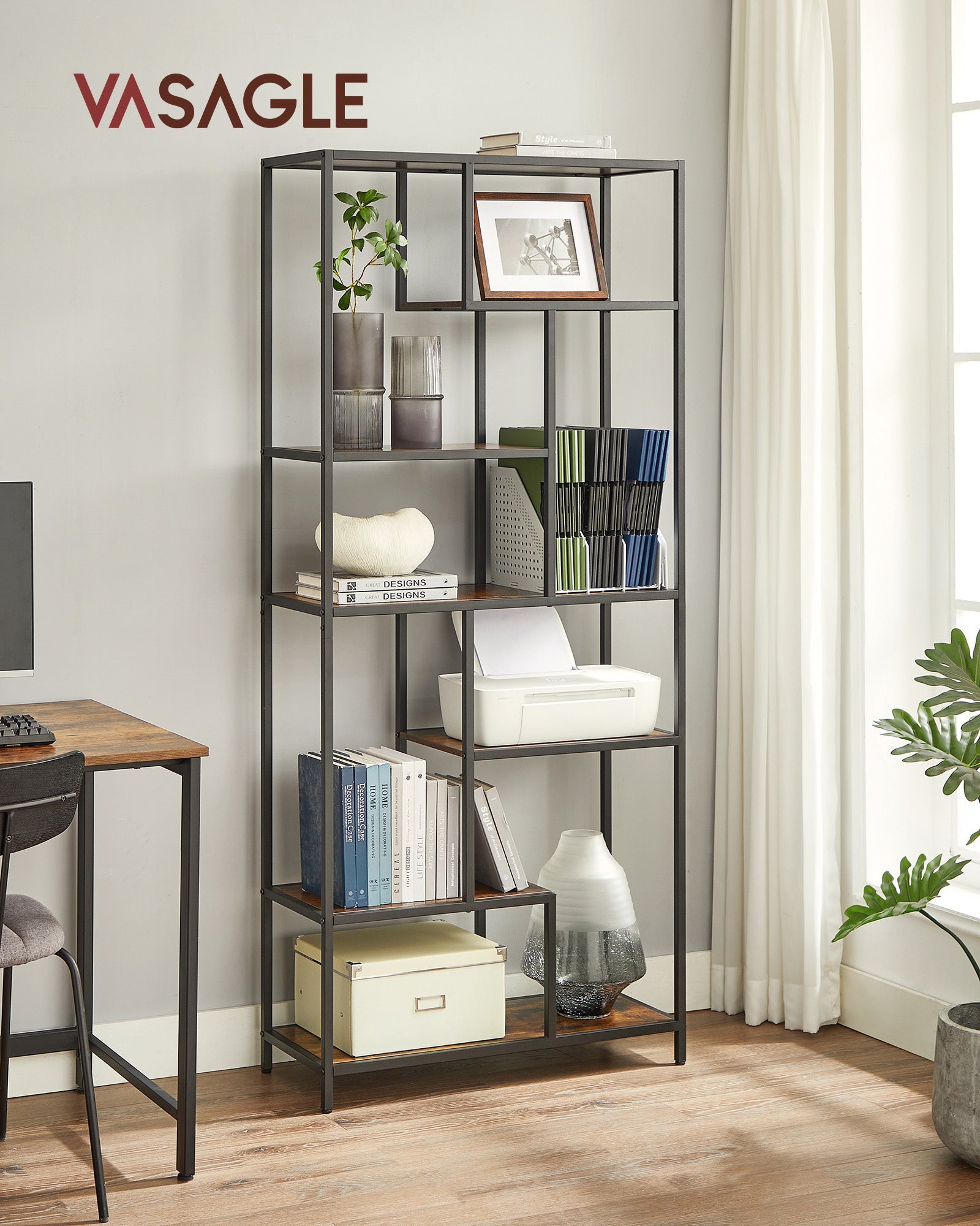 6-Tier Bookcase – Engineered Wood – Rustic Brown and Black – Geometric Design and Versatile Storage
