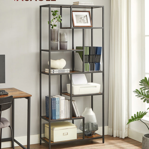 6-Tier Bookcase – Engineered Wood – Rustic Brown and Black – Geometric Design and Versatile Storage