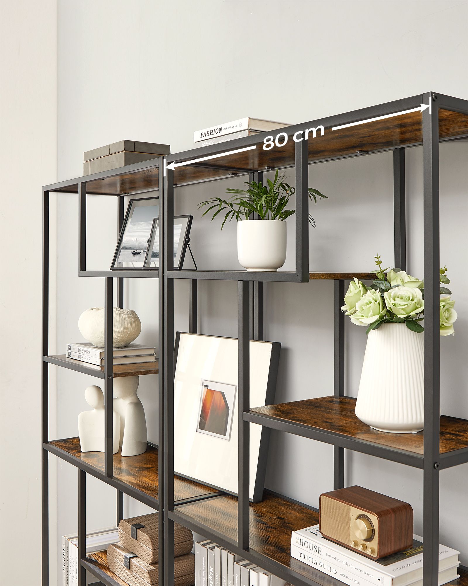 6-Tier Bookcase – Engineered Wood – Rustic Brown and Black – Geometric Design and Versatile Storage