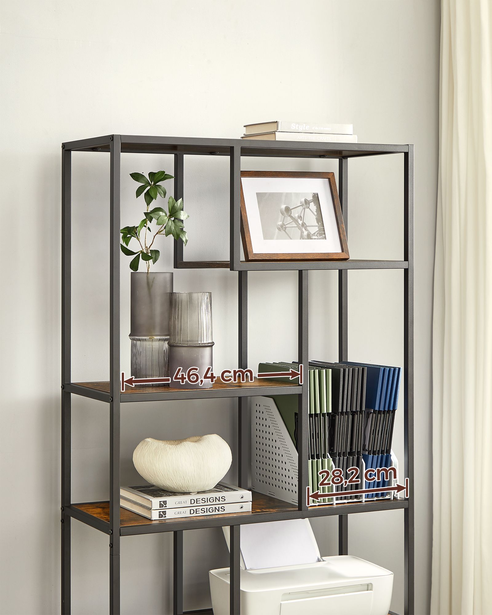 6-Tier Bookcase – Engineered Wood – Rustic Brown and Black – Geometric Design and Versatile Storage