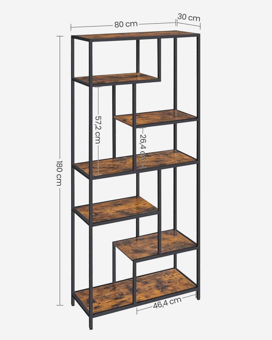 6-Tier Bookcase – Engineered Wood – Rustic Brown and Black – Geometric Design and Versatile Storage