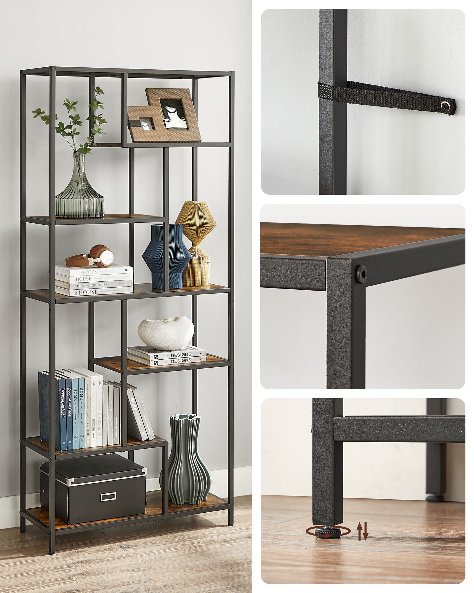 6-Tier Bookcase – Engineered Wood – Rustic Brown and Black – Geometric Design and Versatile Storage
