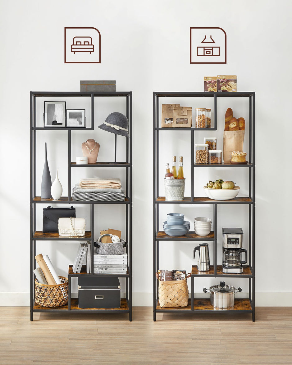 6-Tier Bookcase – Engineered Wood – Rustic Brown and Black – Geometric Design and Versatile Storage