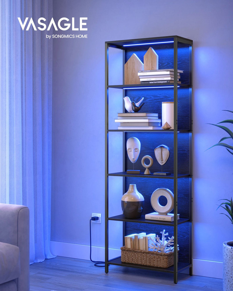 6-Tier Bookshelf – Steel Frame – Ebony Black – Dimmable LED Lights
