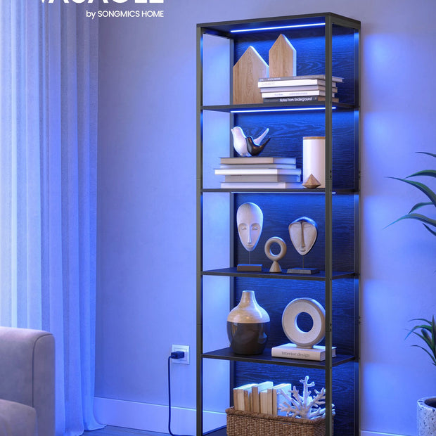 6-Tier Bookshelf – Steel Frame – Ebony Black – Dimmable LED Lights