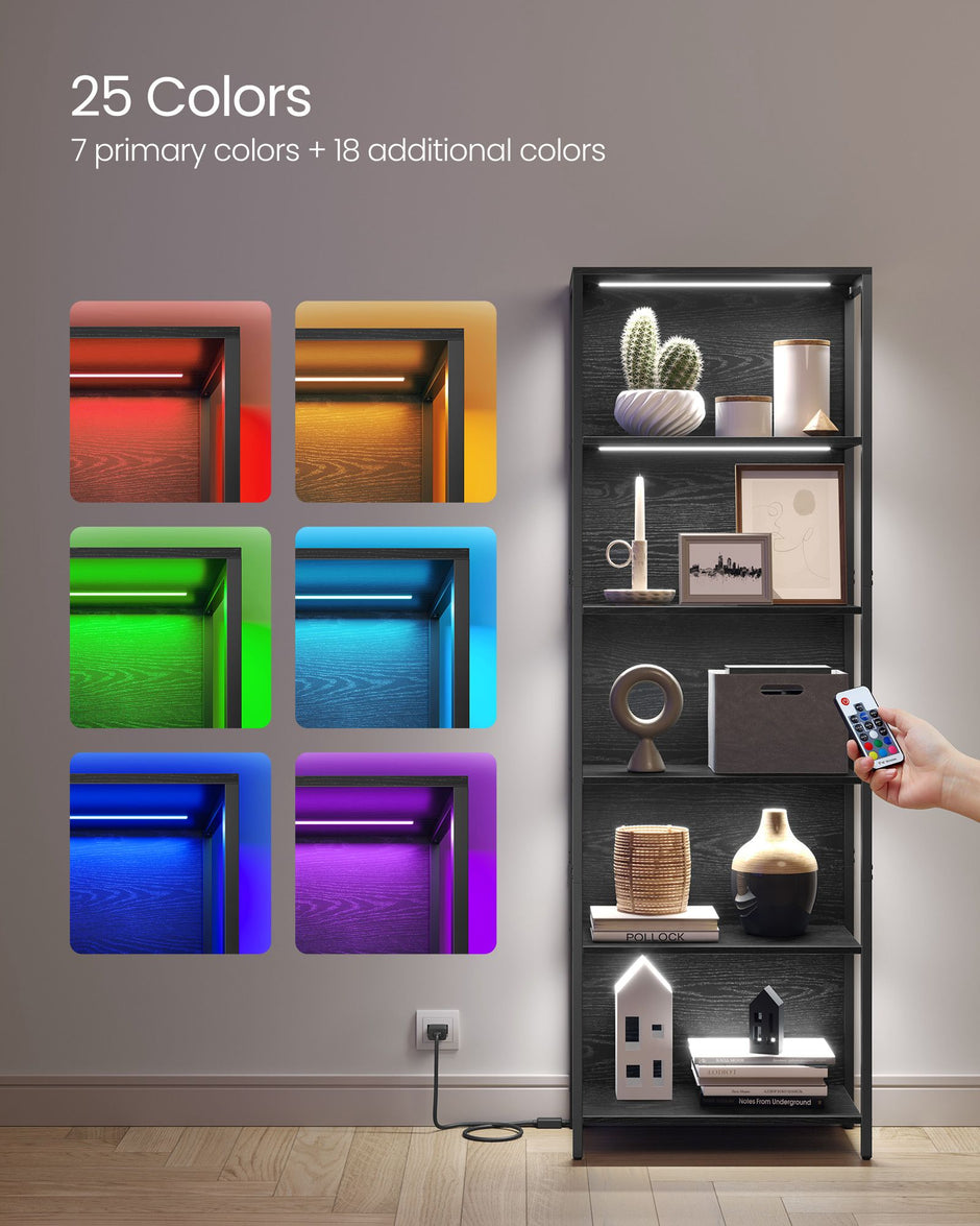 6-Tier Bookshelf – Steel Frame – Ebony Black – Dimmable LED Lights