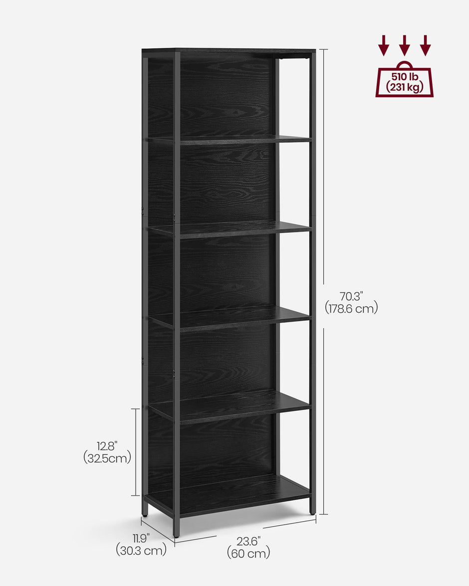 6-Tier Bookshelf – Steel Frame – Ebony Black – Dimmable LED Lights