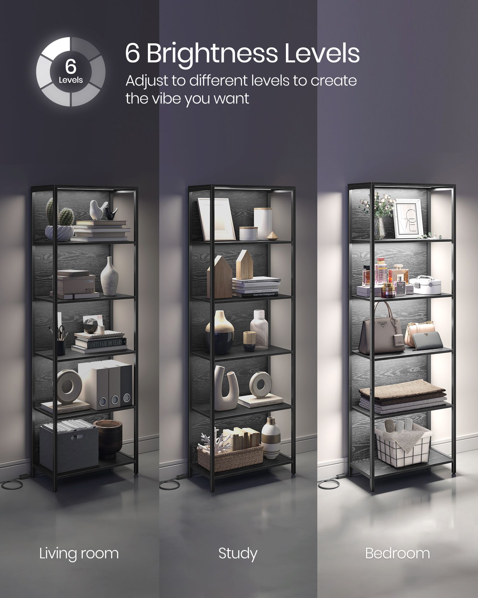 6-Tier Bookshelf – Steel Frame – Ebony Black – Dimmable LED Lights