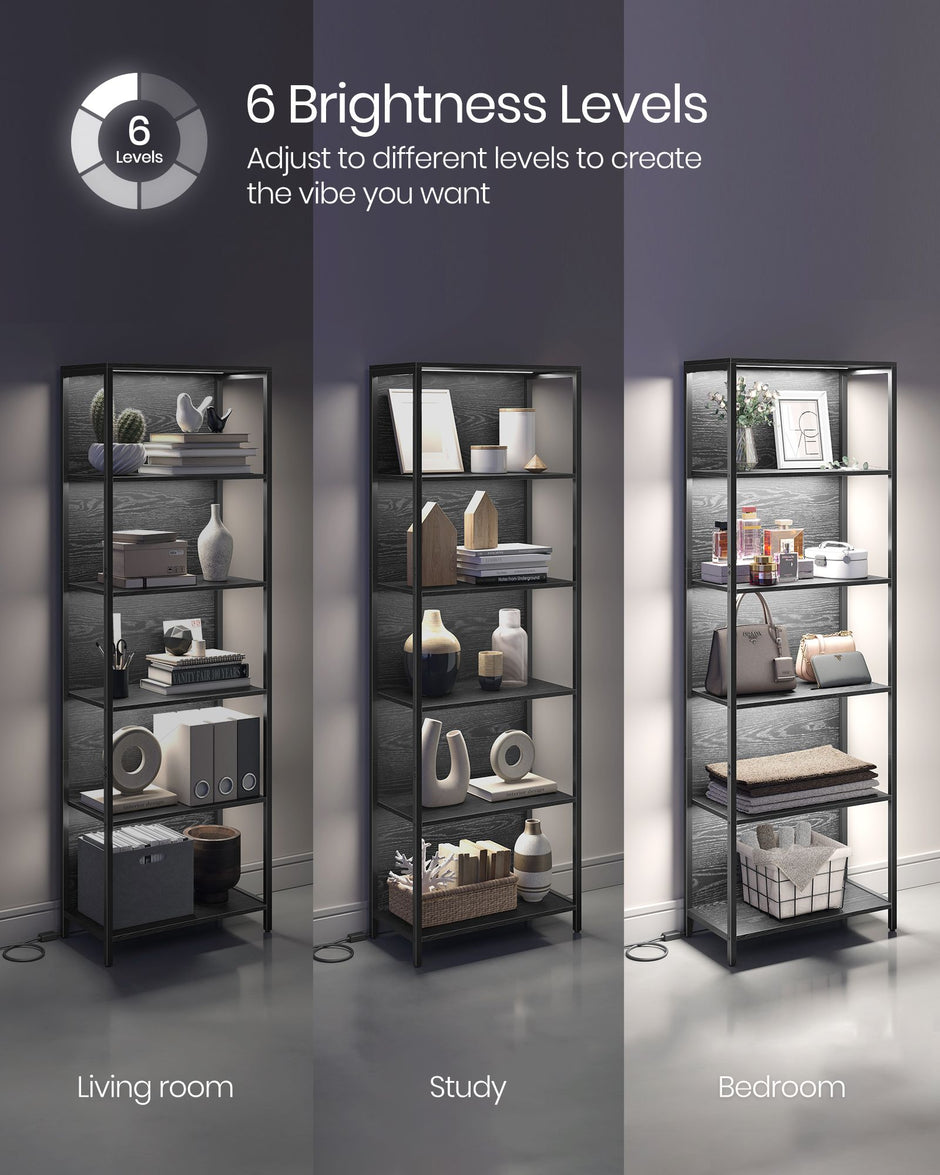 6-Tier Bookshelf – Steel Frame – Ebony Black – Dimmable LED Lights