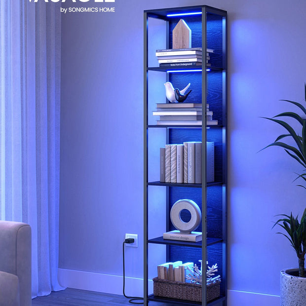 6-Tier Bookcase – Steel – Ebony Black – With Dimmable LED Lights