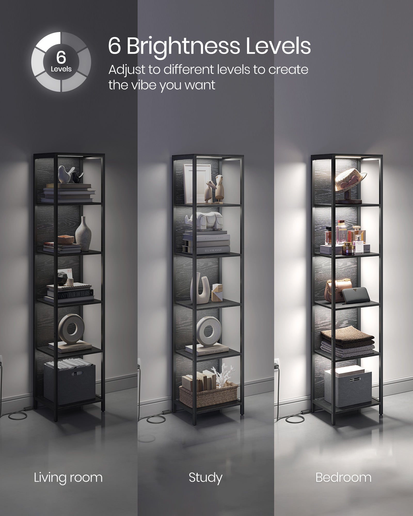 6-Tier Bookcase – Steel – Ebony Black – With Dimmable LED Lights