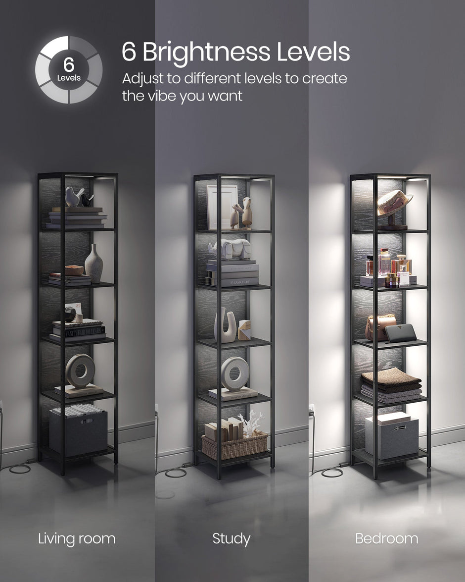 6-Tier Bookcase – Steel – Ebony Black – With Dimmable LED Lights