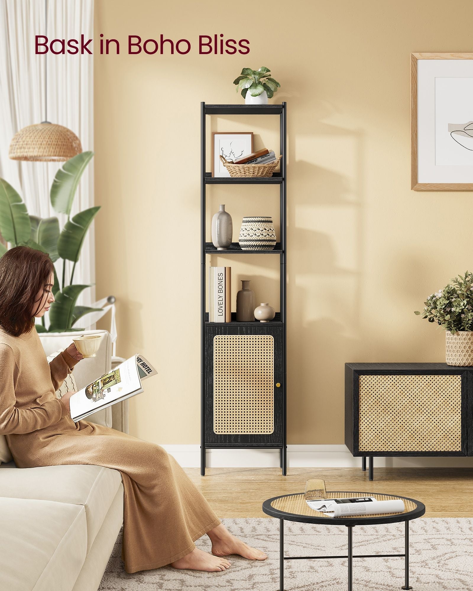 Bookcase – Metal and Rattan-Like – Ebony Black and Matte Black – Adjustable Shelves, Boho Style