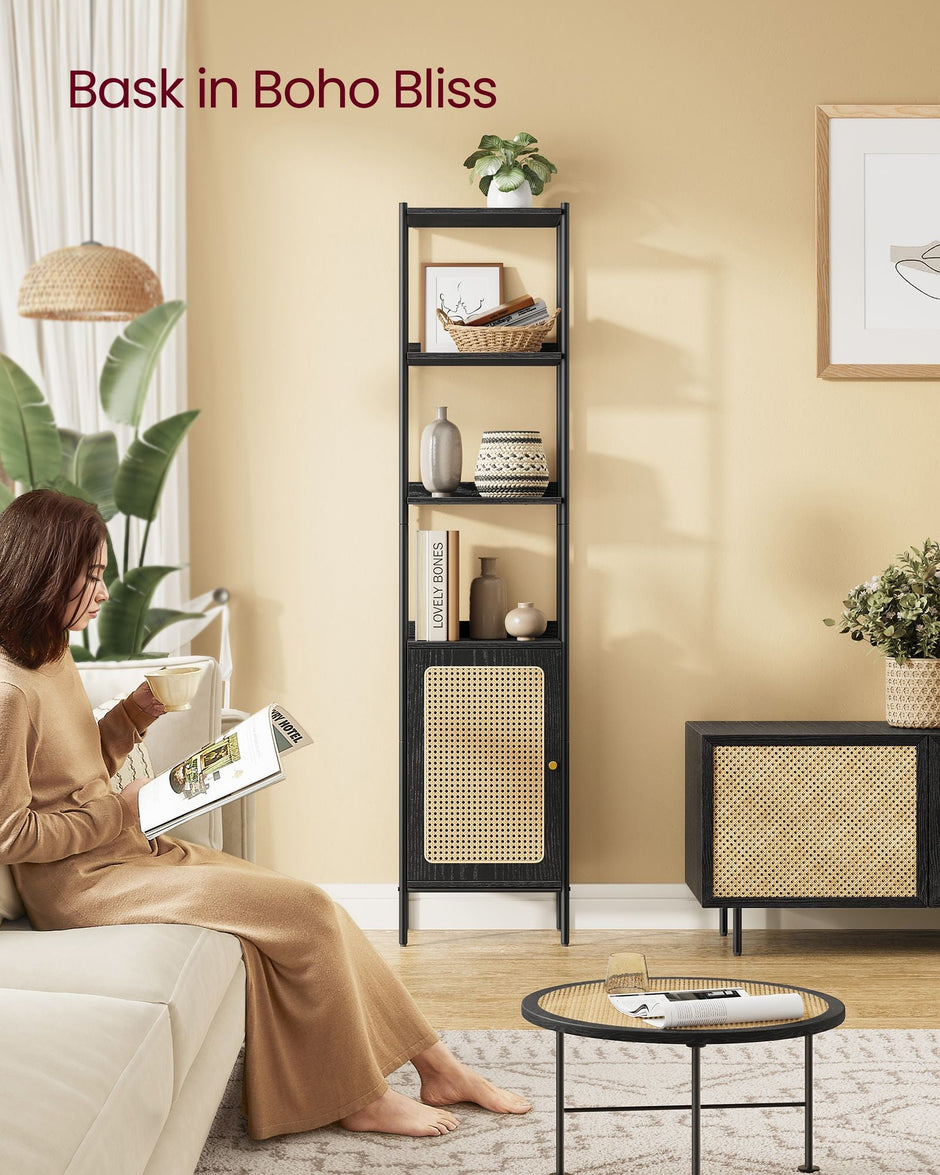 Bookcase – Metal and Rattan-Like – Ebony Black and Matte Black – Adjustable Shelves, Boho Style