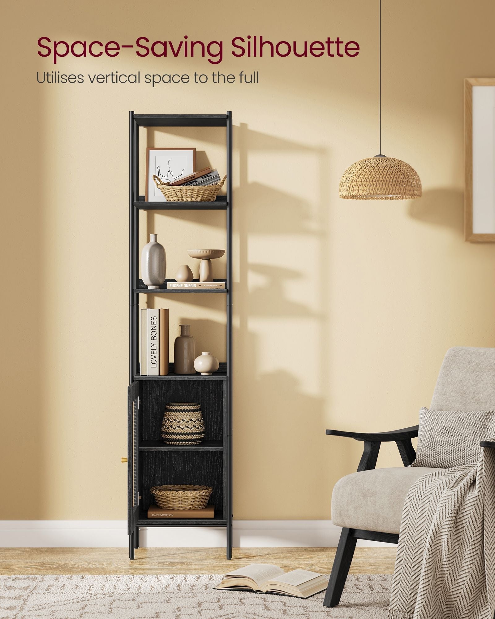 Bookcase – Metal and Rattan-Like – Ebony Black and Matte Black – Adjustable Shelves, Boho Style