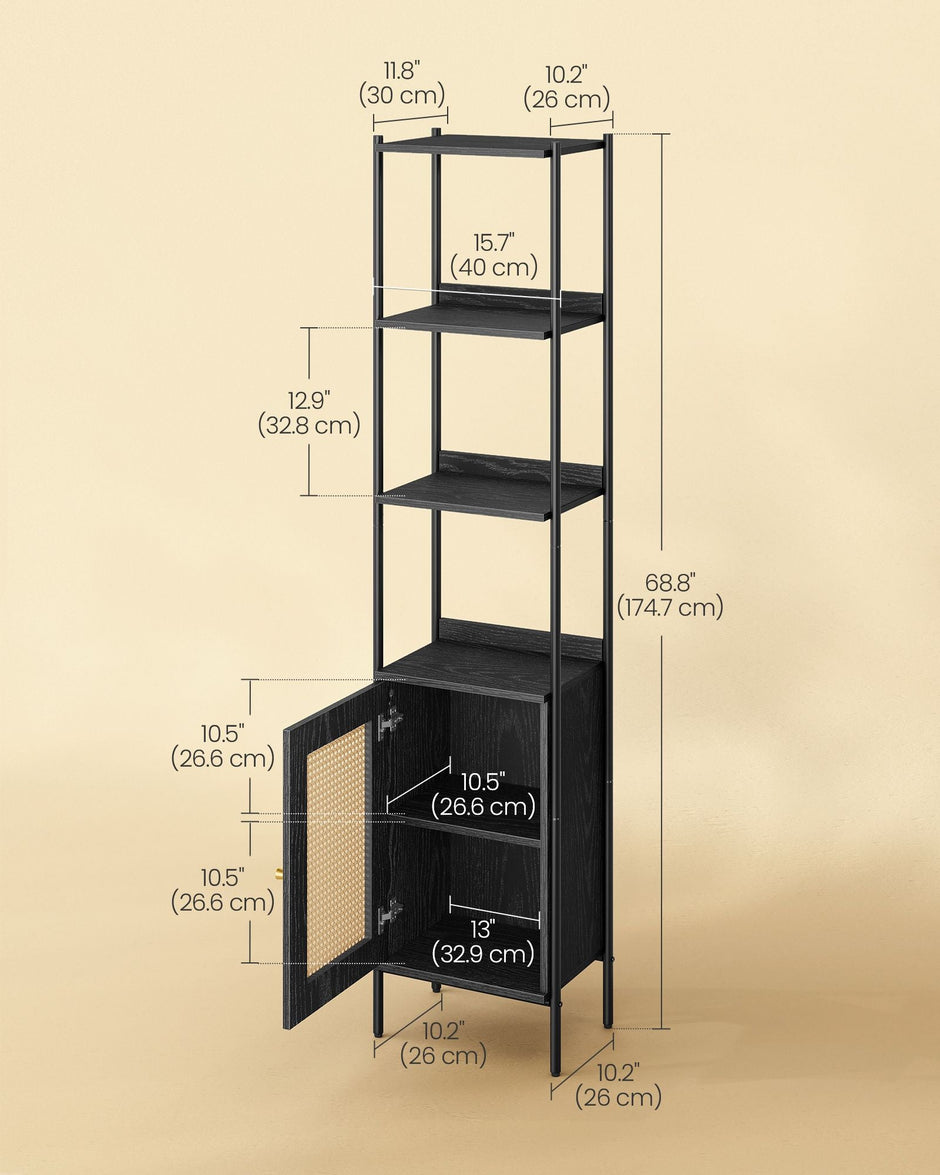 Bookcase – Metal and Rattan-Like – Ebony Black and Matte Black – Adjustable Shelves, Boho Style