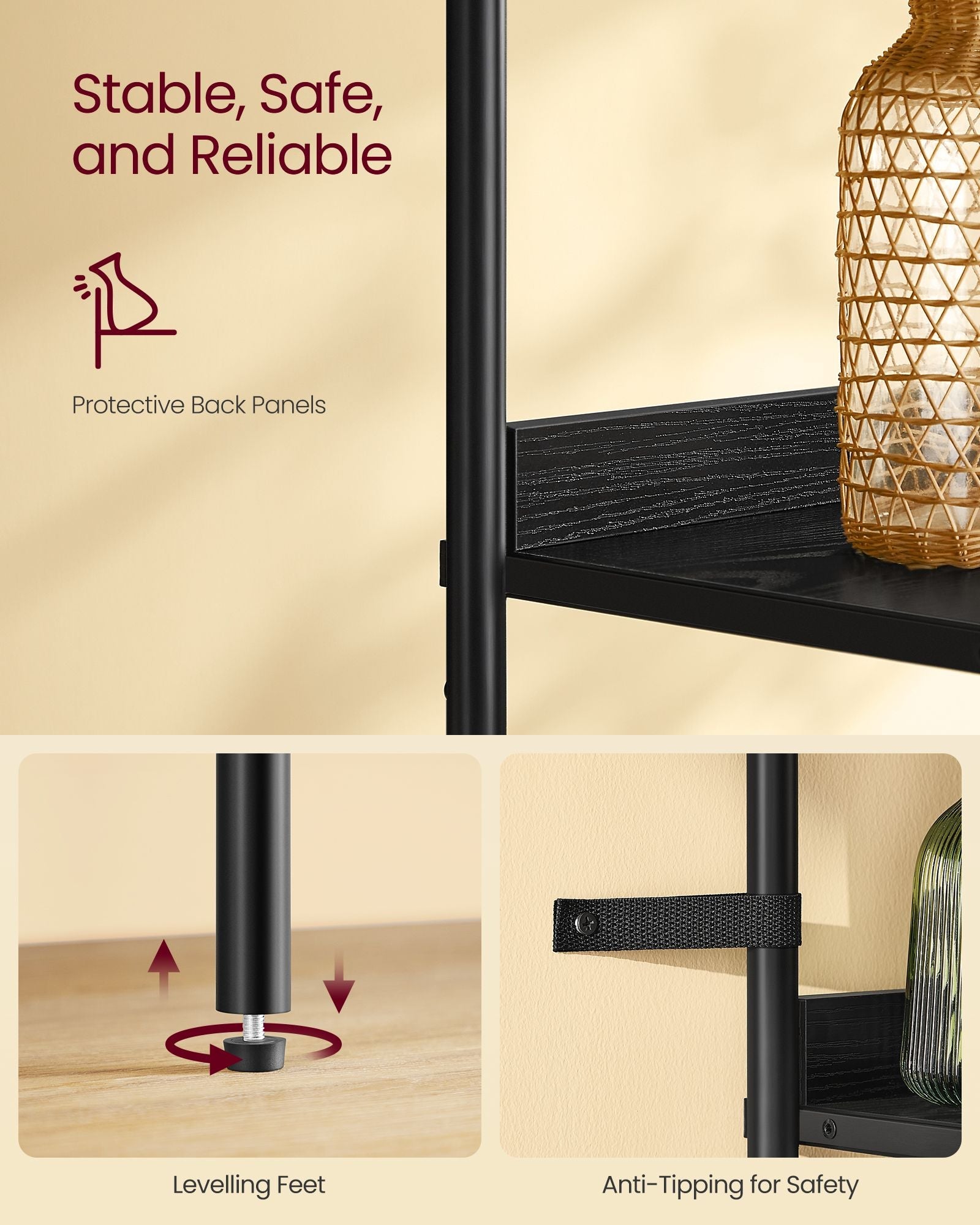 Bookcase – Metal and Rattan-Like – Ebony Black and Matte Black – Adjustable Shelves, Boho Style