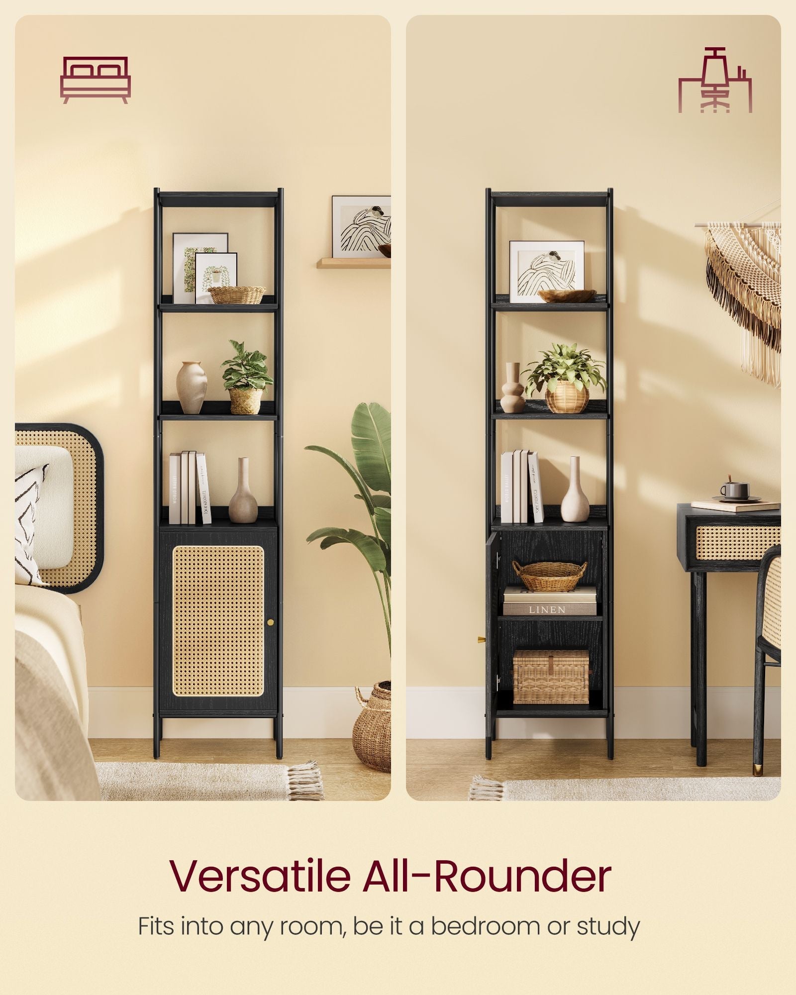 Bookcase – Metal and Rattan-Like – Ebony Black and Matte Black – Adjustable Shelves, Boho Style