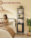 Bookcase – Metal and Rattan-Like – Ebony Black and Matte Black – Adjustable Shelves, Boho Style
