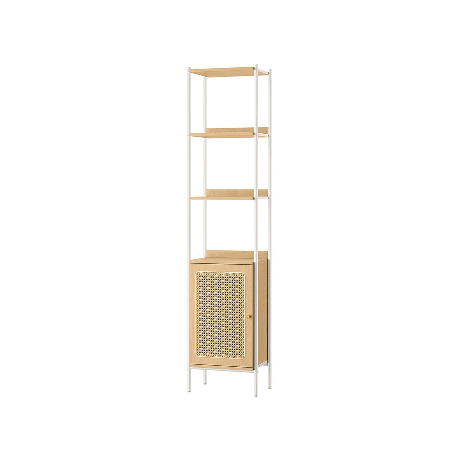 Freestanding Bookcase – Oak with Rattan-Like Door – Beige and Pearl White – Adjustable Shelves, Boho Style