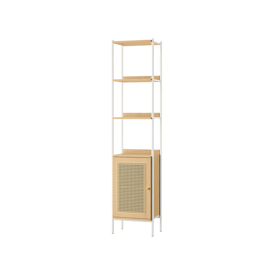 Freestanding Bookcase – Oak with Rattan-Like Door – Beige and Pearl White – Adjustable Shelves, Boho Style