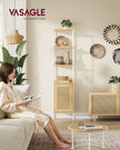 Freestanding Bookcase – Oak with Rattan-Like Door – Beige and Pearl White – Adjustable Shelves, Boho Style
