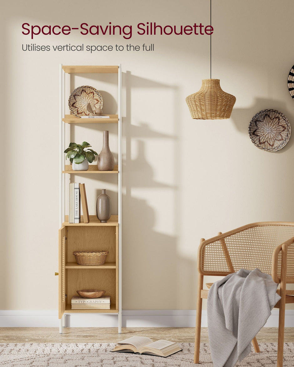 Freestanding Bookcase – Oak with Rattan-Like Door – Beige and Pearl White – Adjustable Shelves, Boho Style